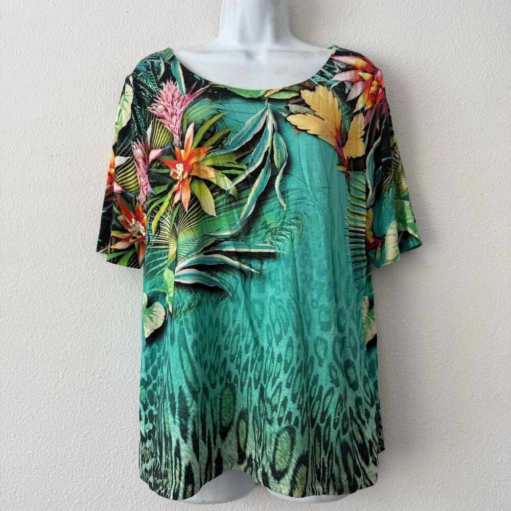 Chico’s Tropical Floral Top Women’s L Green Animal Print Short Sleeve Hawaiian